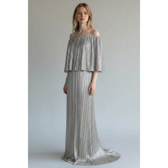 Caramela M Metallic Silver Off Shoulder Maxi Dress Evening Gown Elegant Chic - Picture 1 of 13